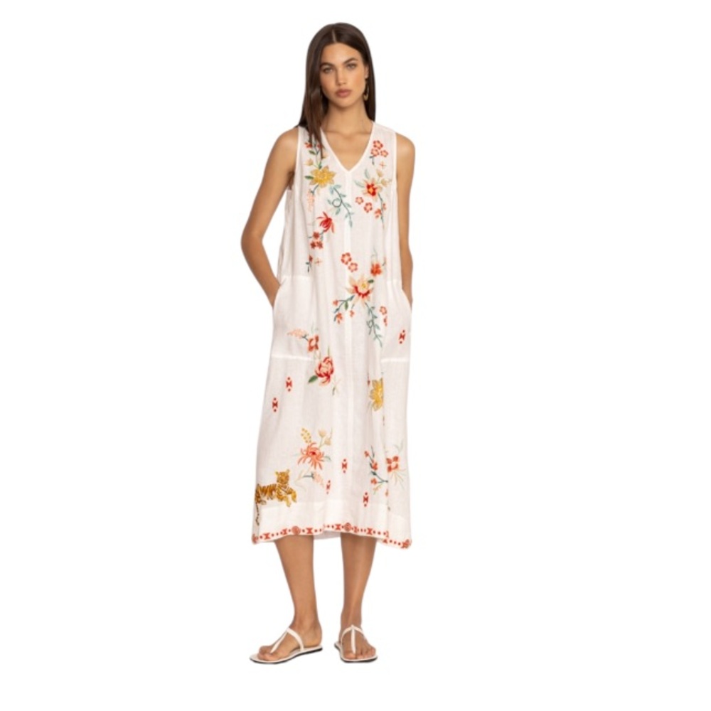 JOHNNY WAS Floral & Lion Embroidered Sleeveless Maxi Dress sz Large linen soft